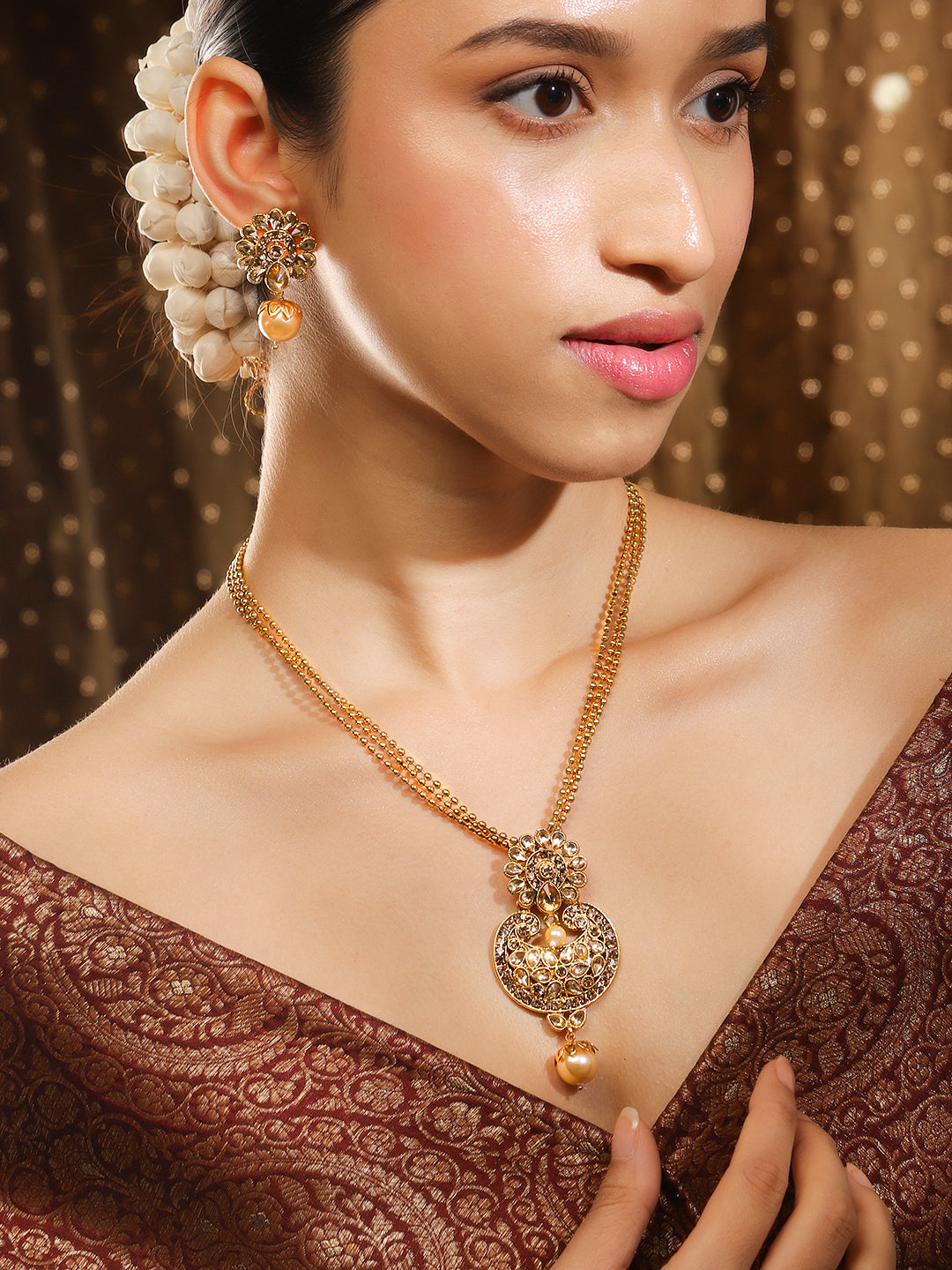 Rubans 22K Gold Plated Handcrafted Kundan Stone Pendant Set Gold