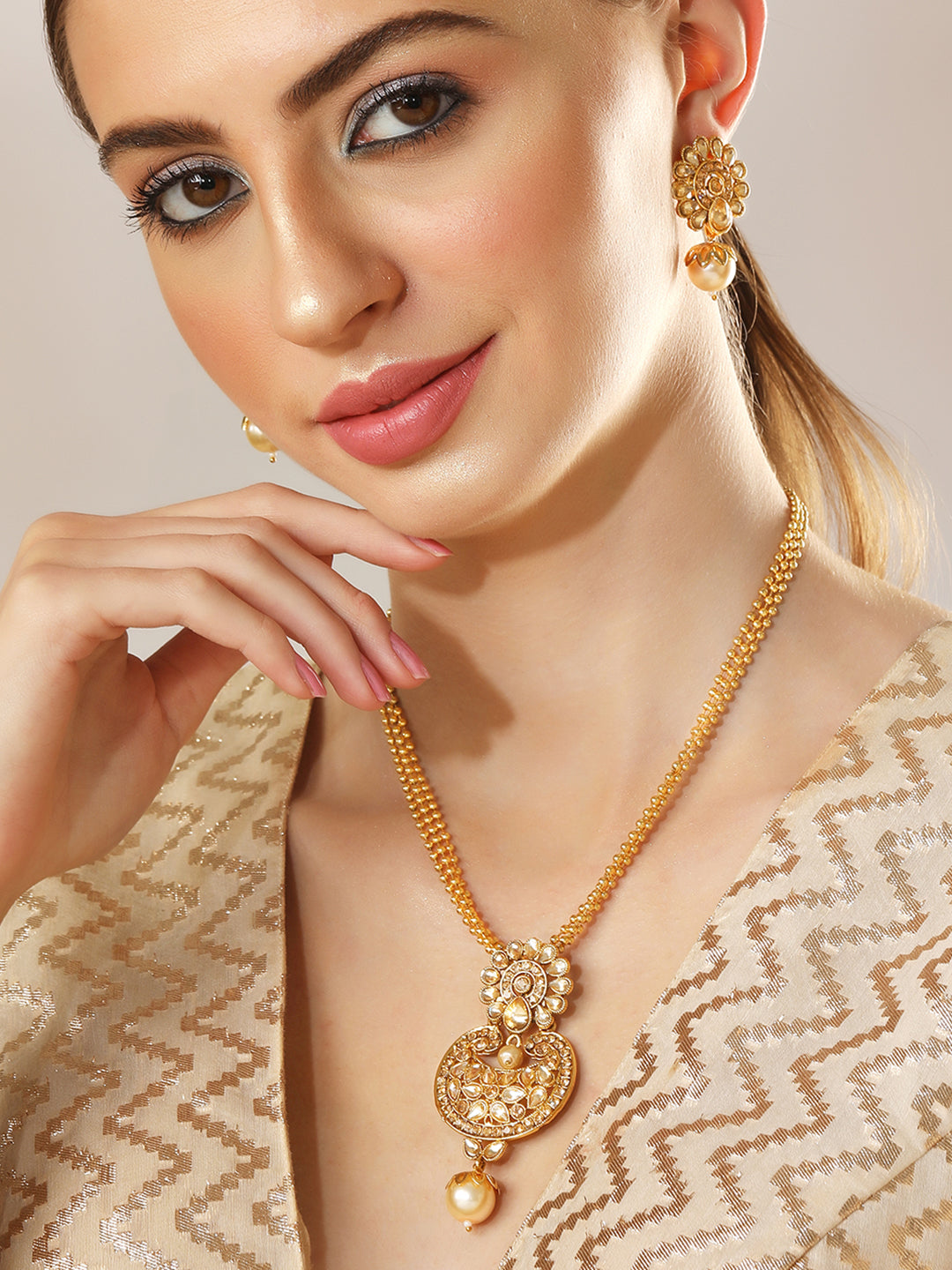Rubans 22K Gold Plated Handcrafted Kundan Stone Pendant Set Gold