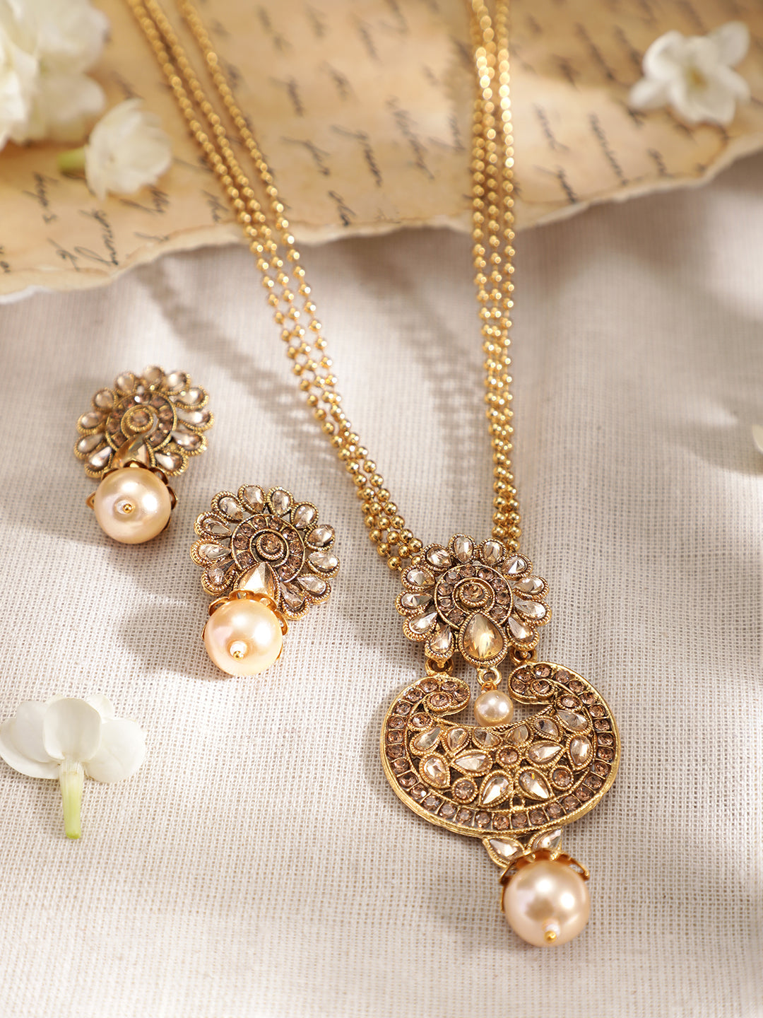 Rubans 22K Gold Plated Handcrafted Kundan Stone Pendant Set Gold