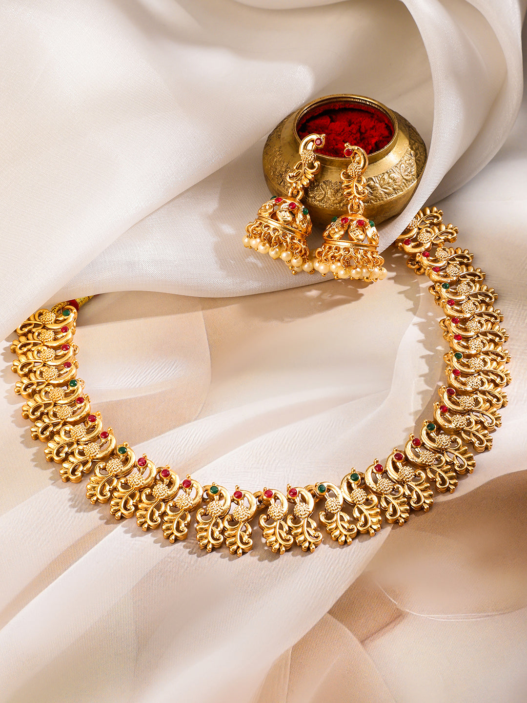 Rubans 22K Gold-Plated Ruby Red & Emerald Green Stone Studded Brass Necklace Jewellery Set Gold