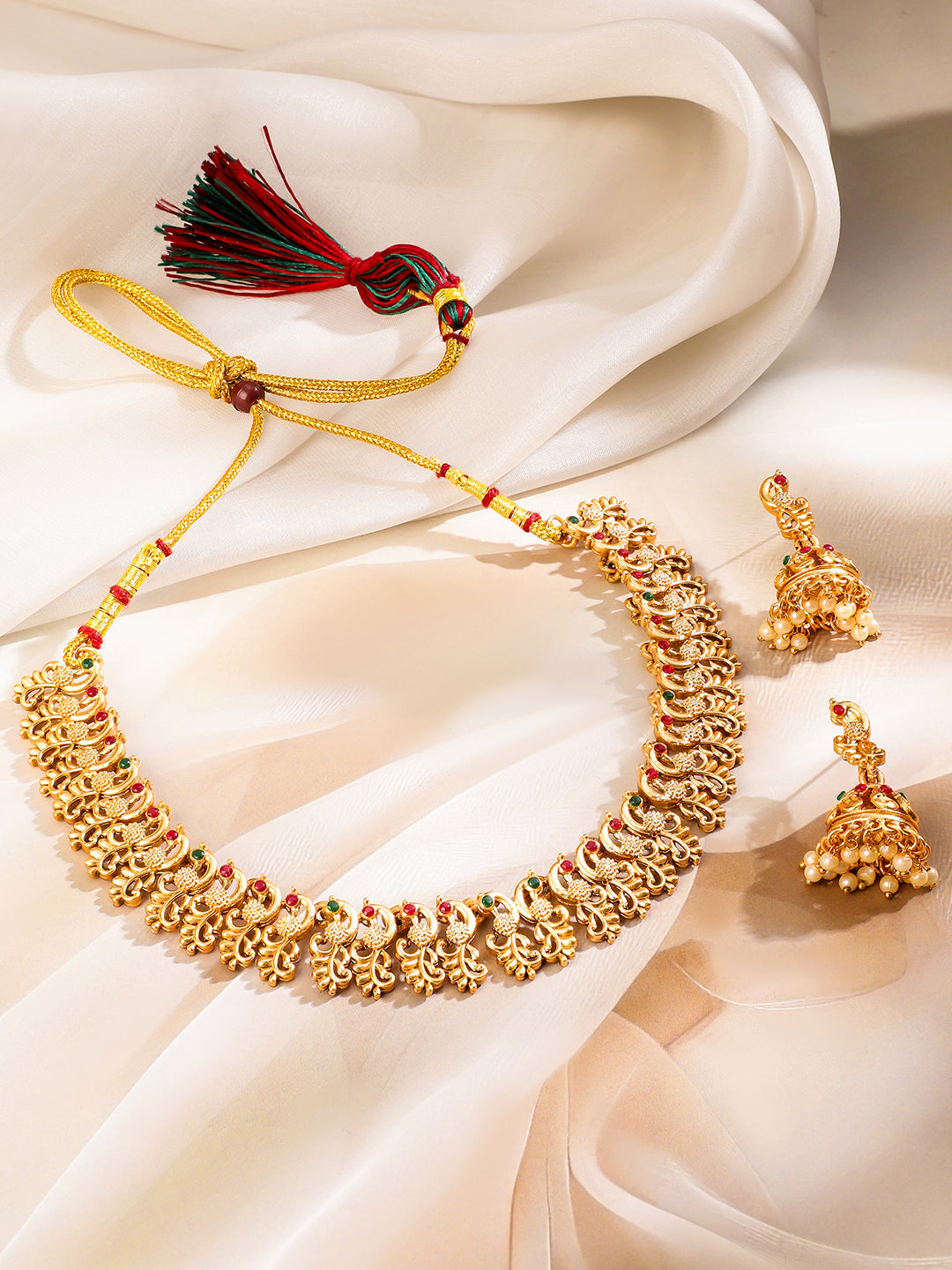 Rubans 22K Gold-Plated Ruby Red & Emerald Green Stone Studded Brass Necklace Jewellery Set Gold