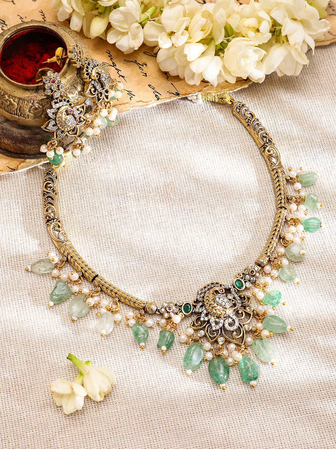 American Diamond Zirconia Green Beads Necklace Set フリーサイズ