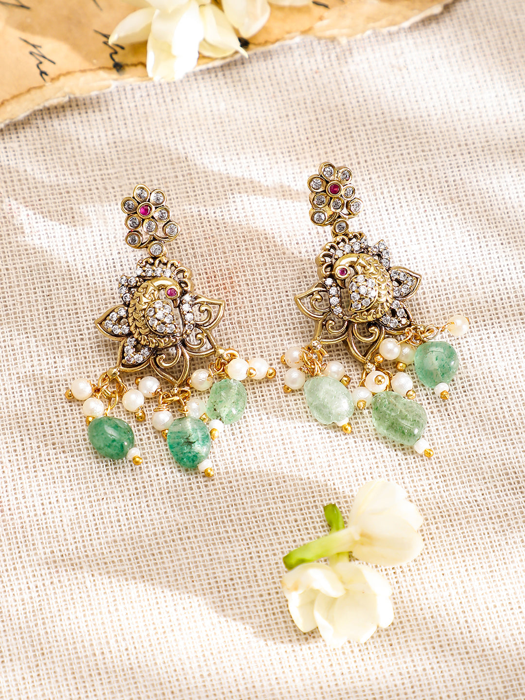 American Diamond Zirconia Green Beads Necklace Set フリーサイズ