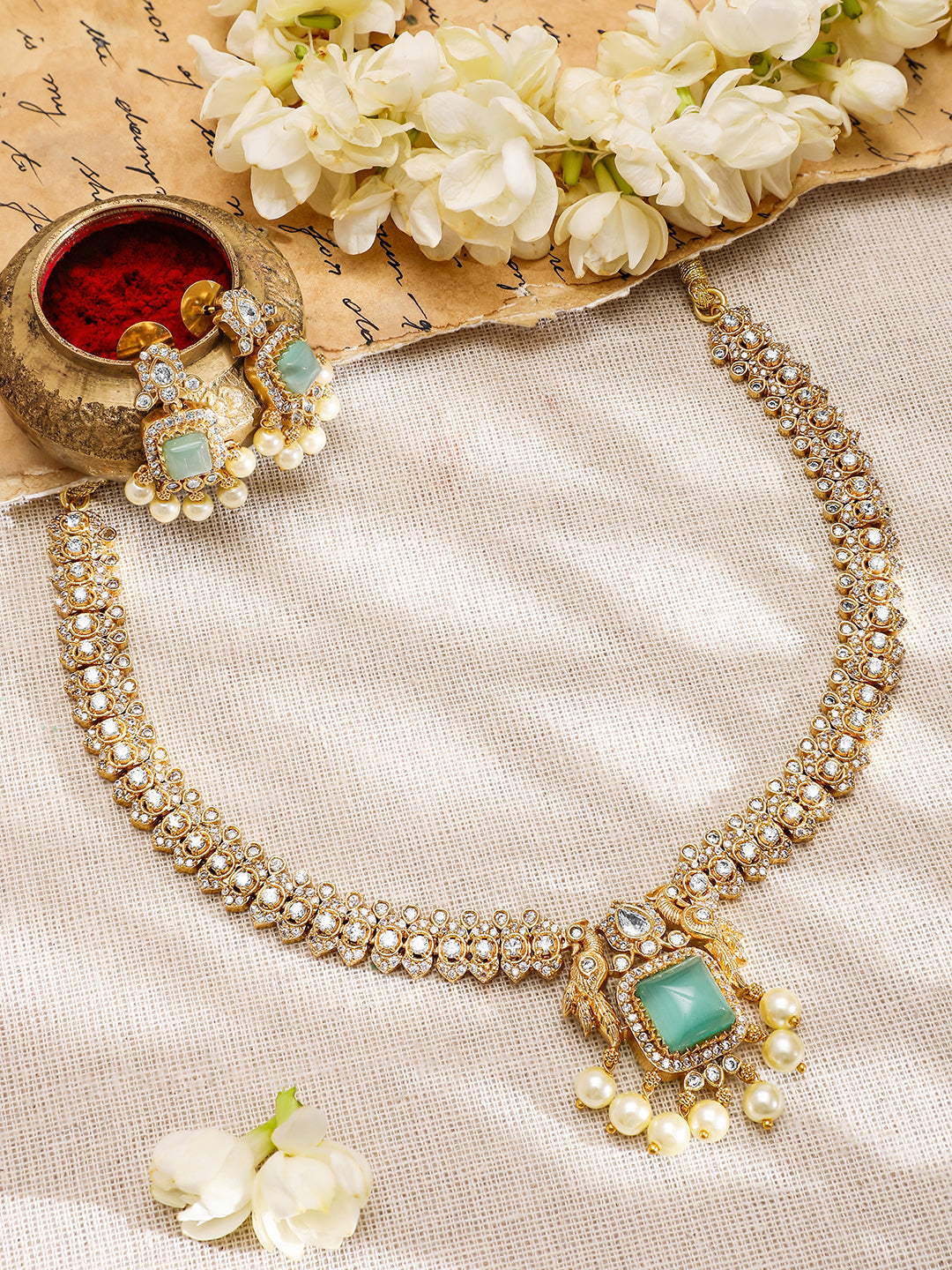 American Diamond Zirconia Green Accented Necklace Set フリーサイズ