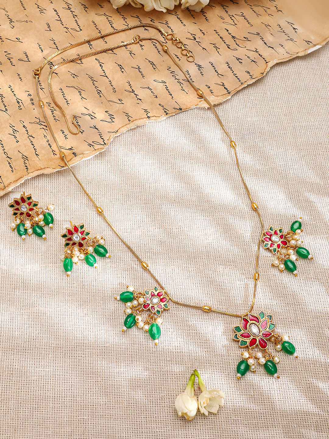 Red Floral Green Beaded Necklace Set フリーサイズ