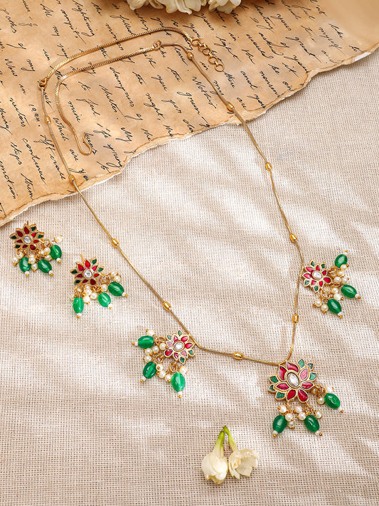 Red Floral Green Beaded Necklace Set フリーサイズ