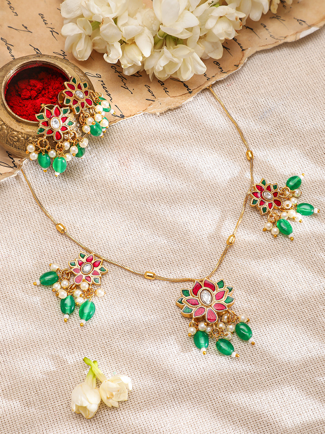 Red Floral Green Beaded Necklace Set フリーサイズ