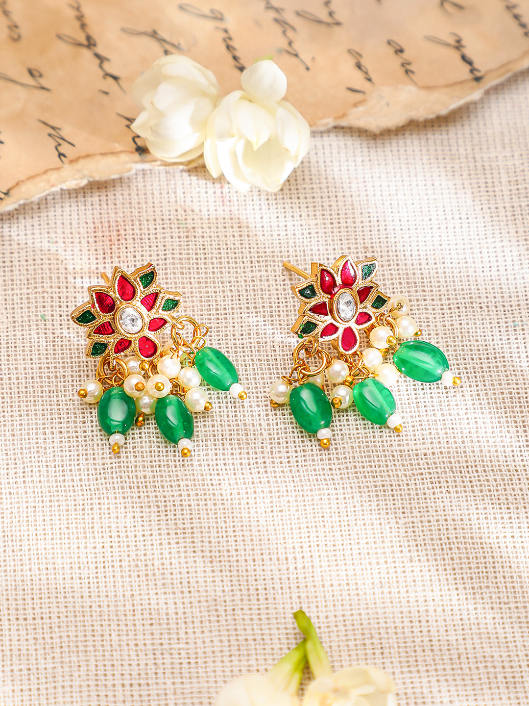 Red Floral Green Beaded Necklace Set フリーサイズ