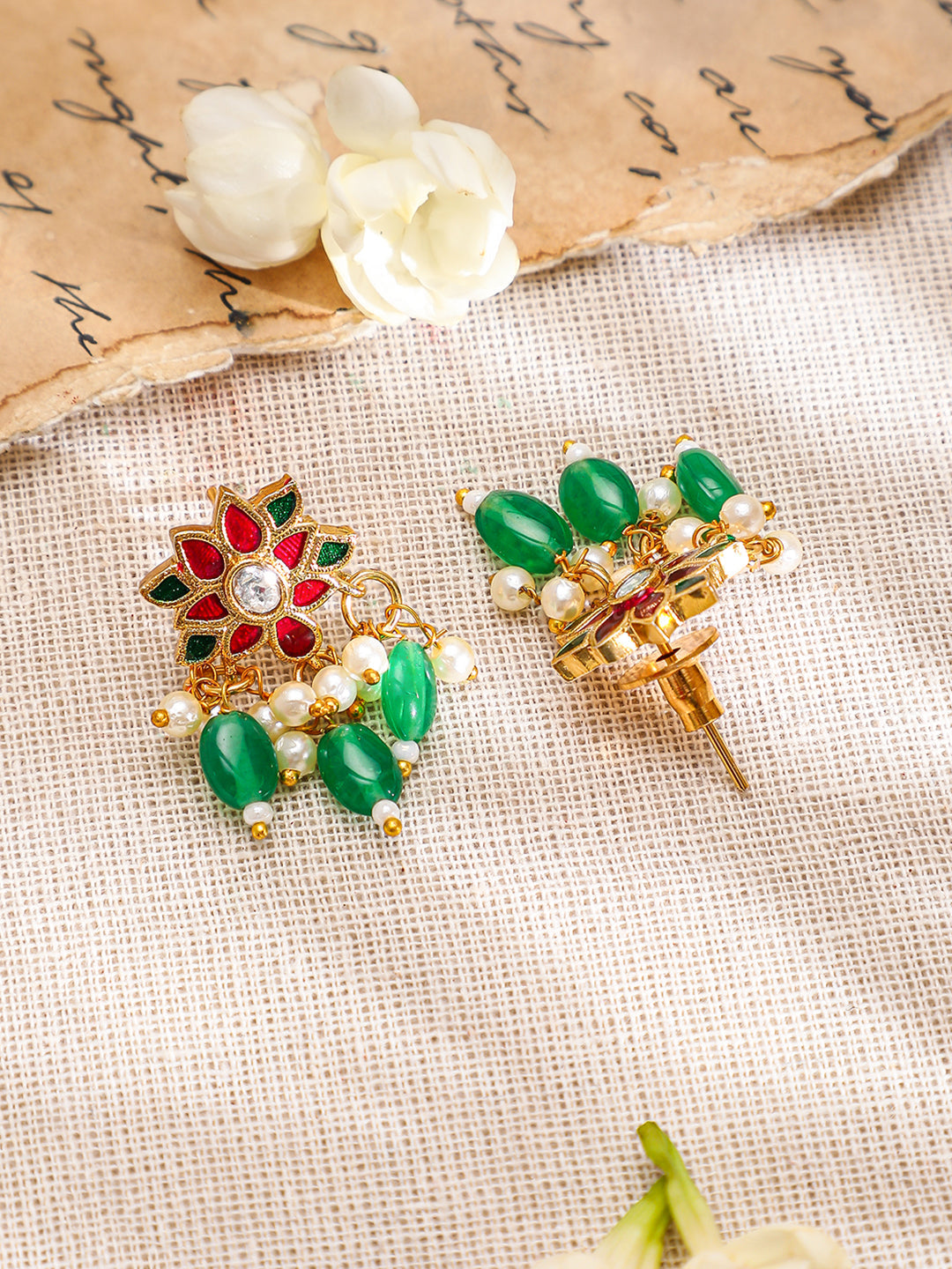 Red Floral Green Beaded Necklace Set フリーサイズ