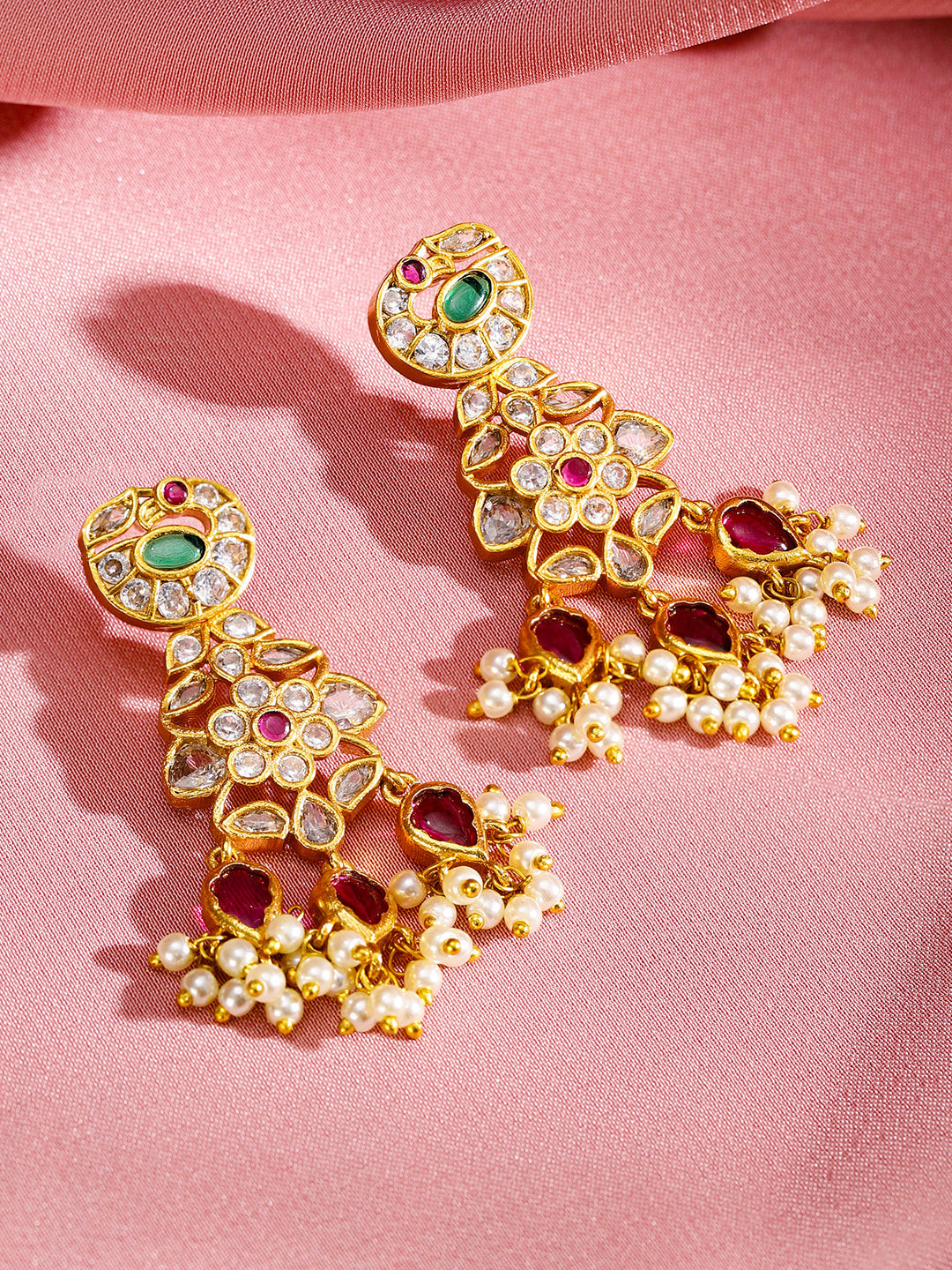 Multicolor Studded Pearl Necklace Set Gold