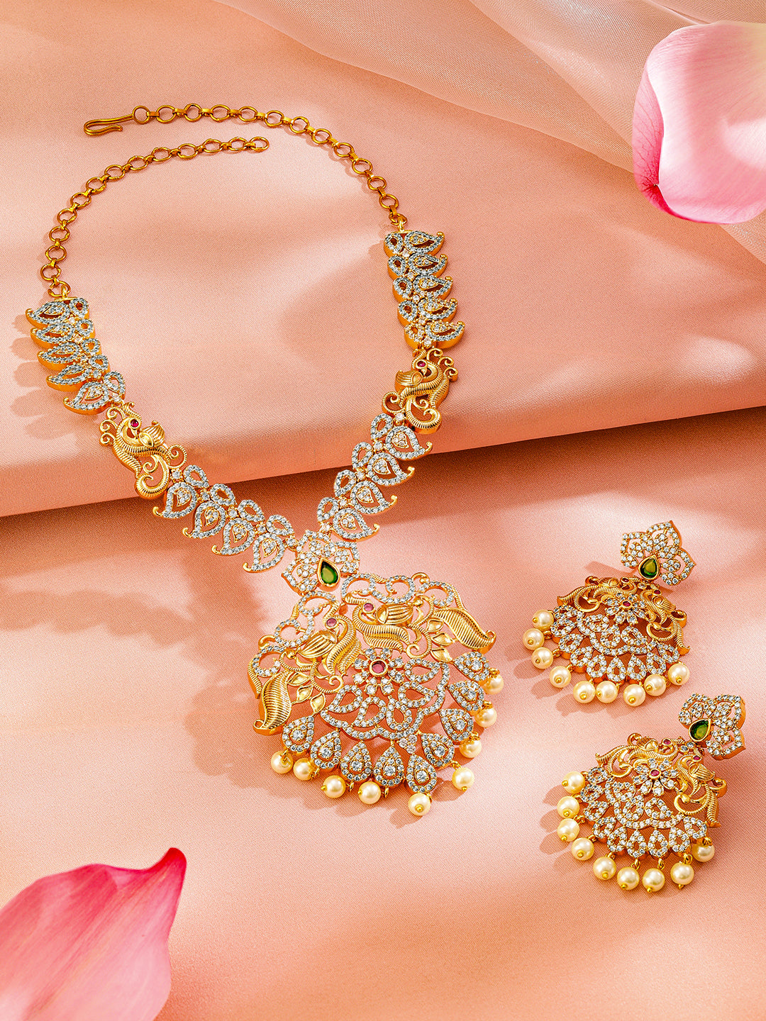 Pearl Drop American Diamond Zirconia Necklace Set フリーサイズ