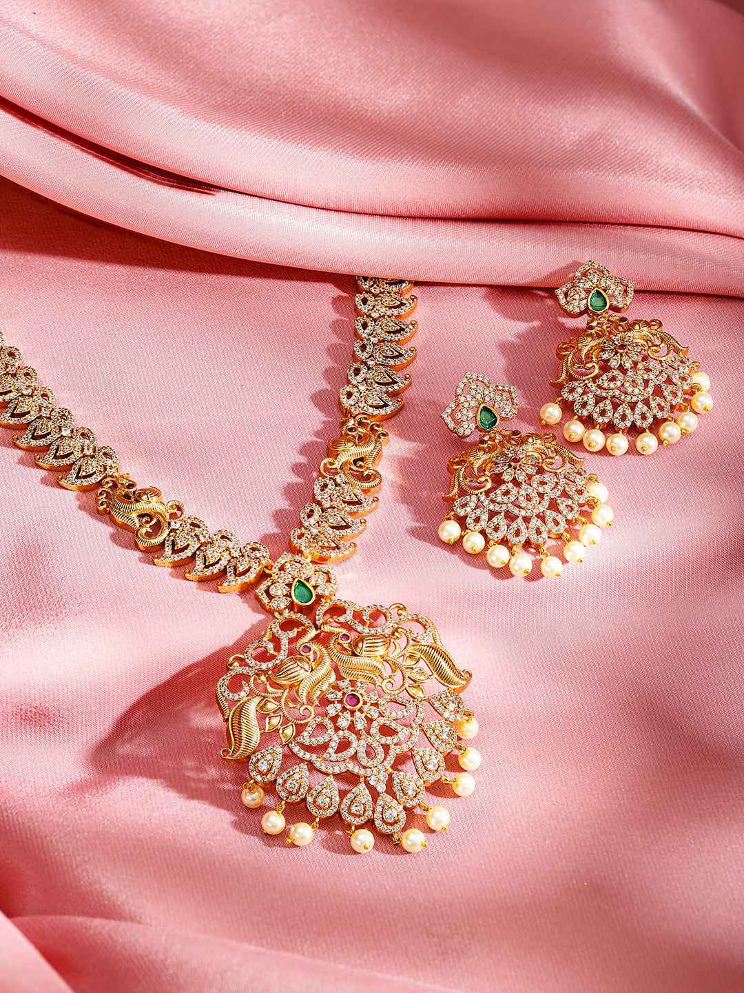 Pearl Drop American Diamond Zirconia Necklace Set Gold