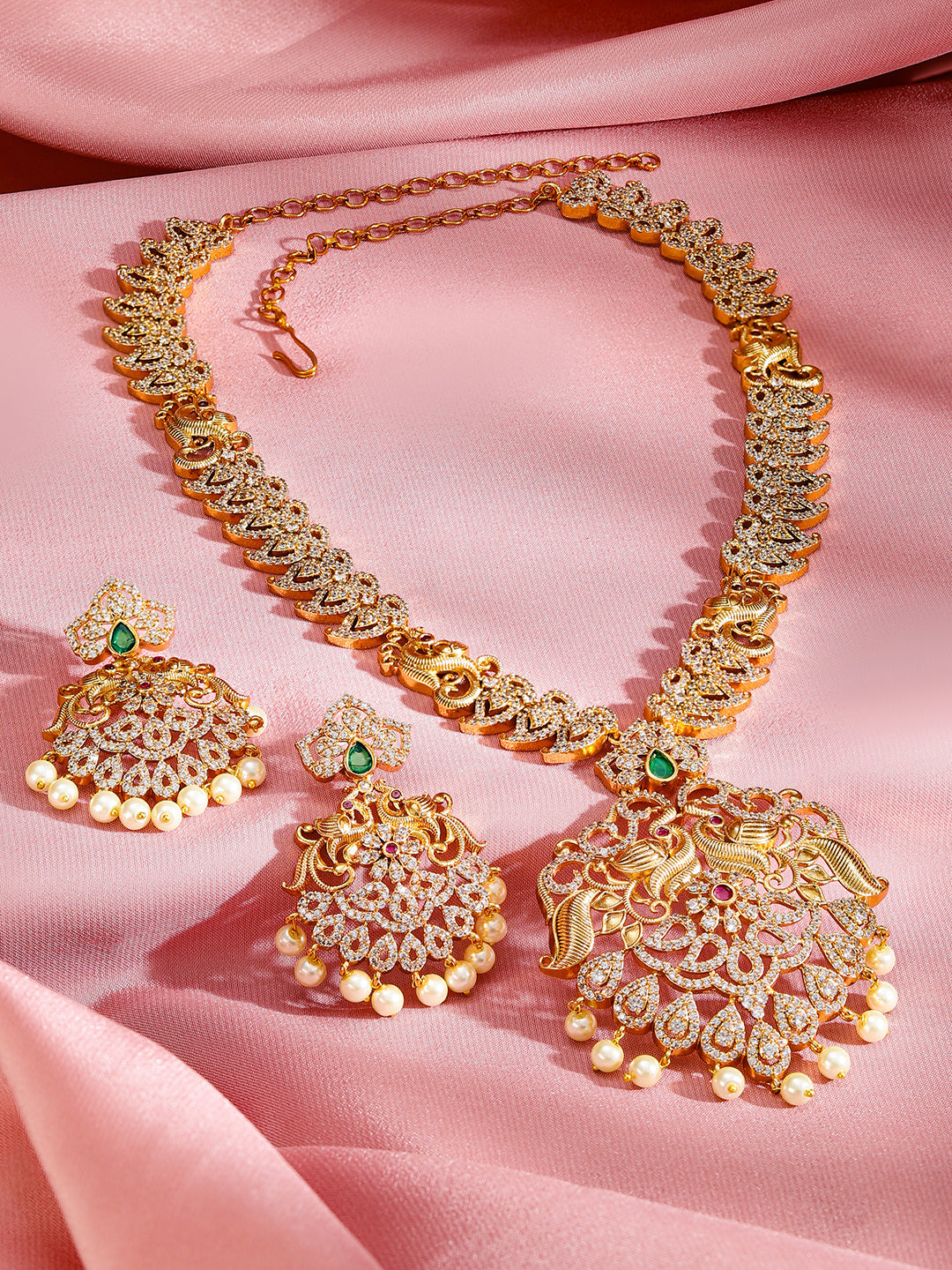 Pearl Drop American Diamond Zirconia Necklace Set Gold