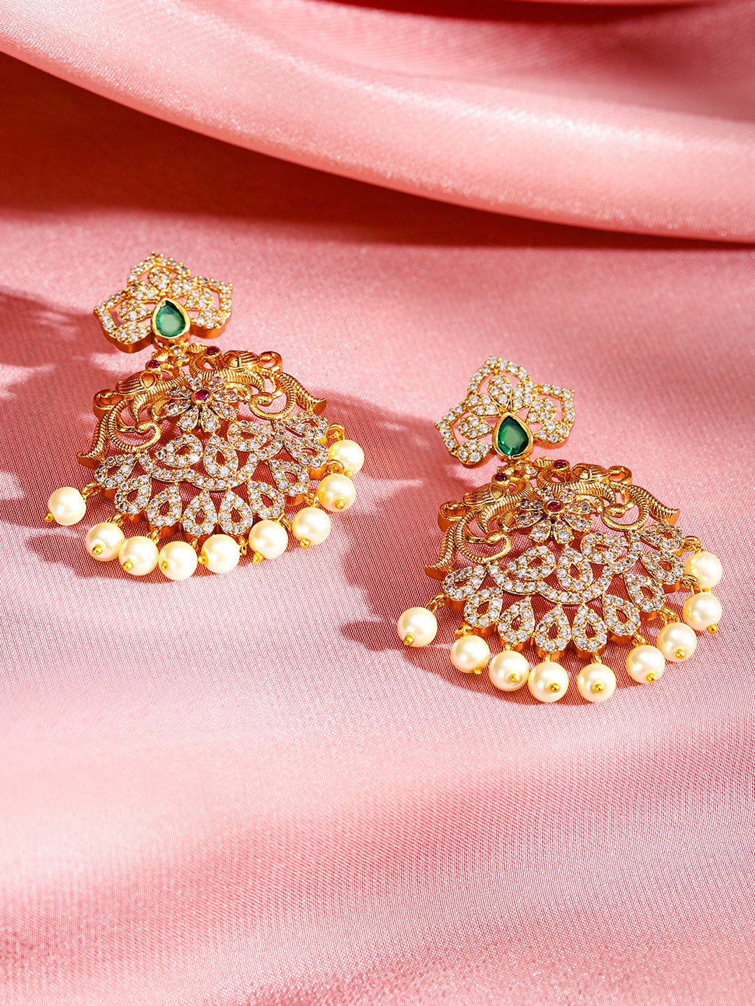 Pearl Drop American Diamond Zirconia Necklace Set Gold
