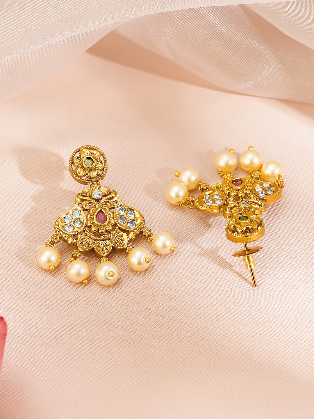 Multicolor Studded Gold Necklace Set With Pearl Drops フリーサイズ
