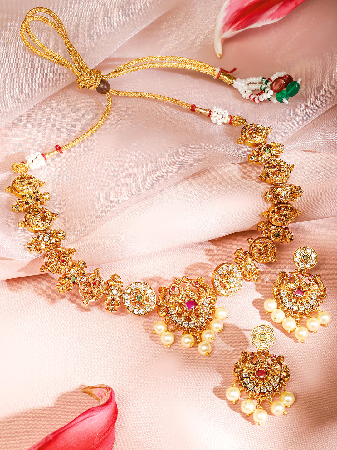 Gold Plated Green Pink Necklace Set フリーサイズ