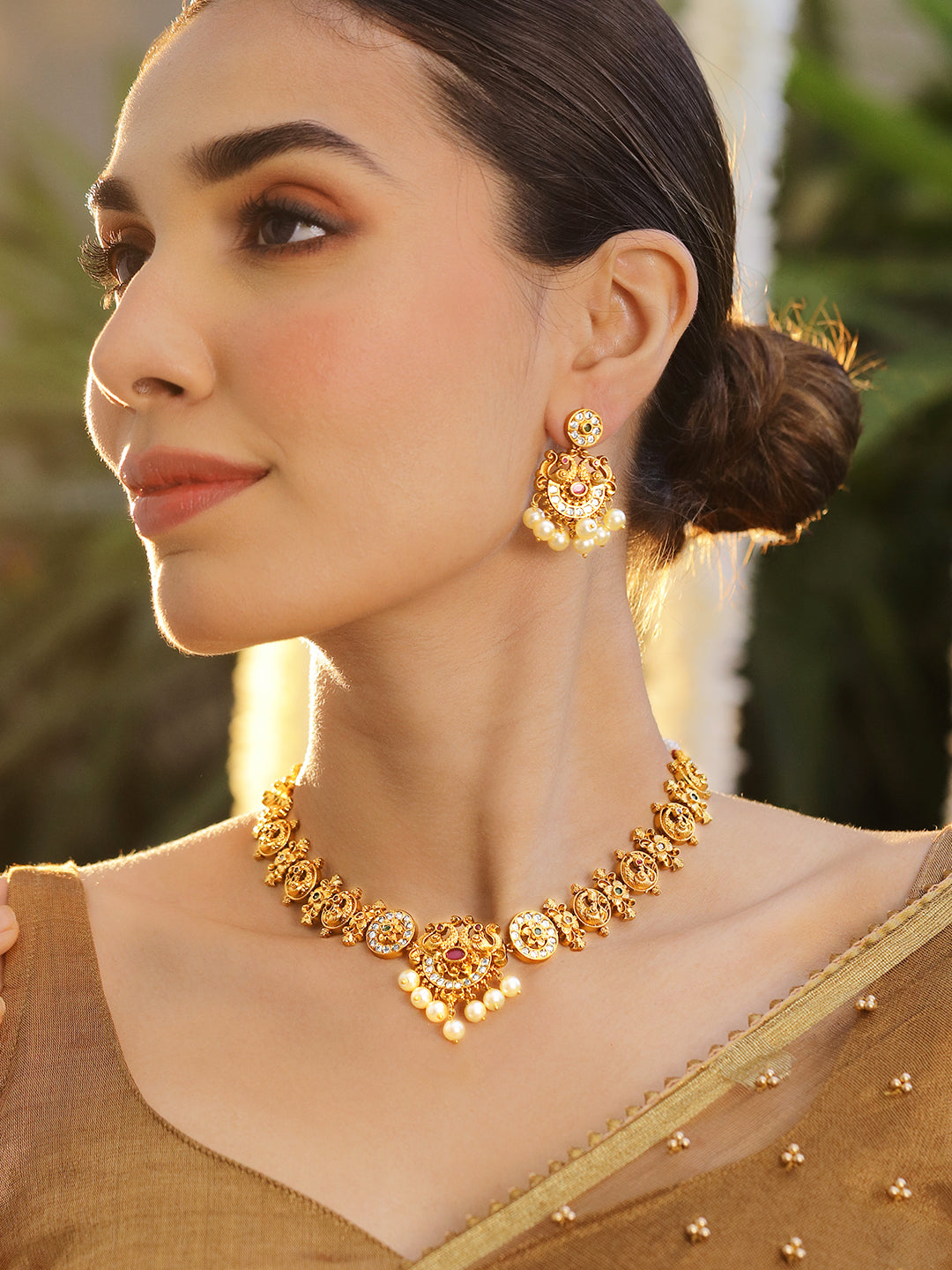 Gold Plated Green Pink Necklace Set フリーサイズ