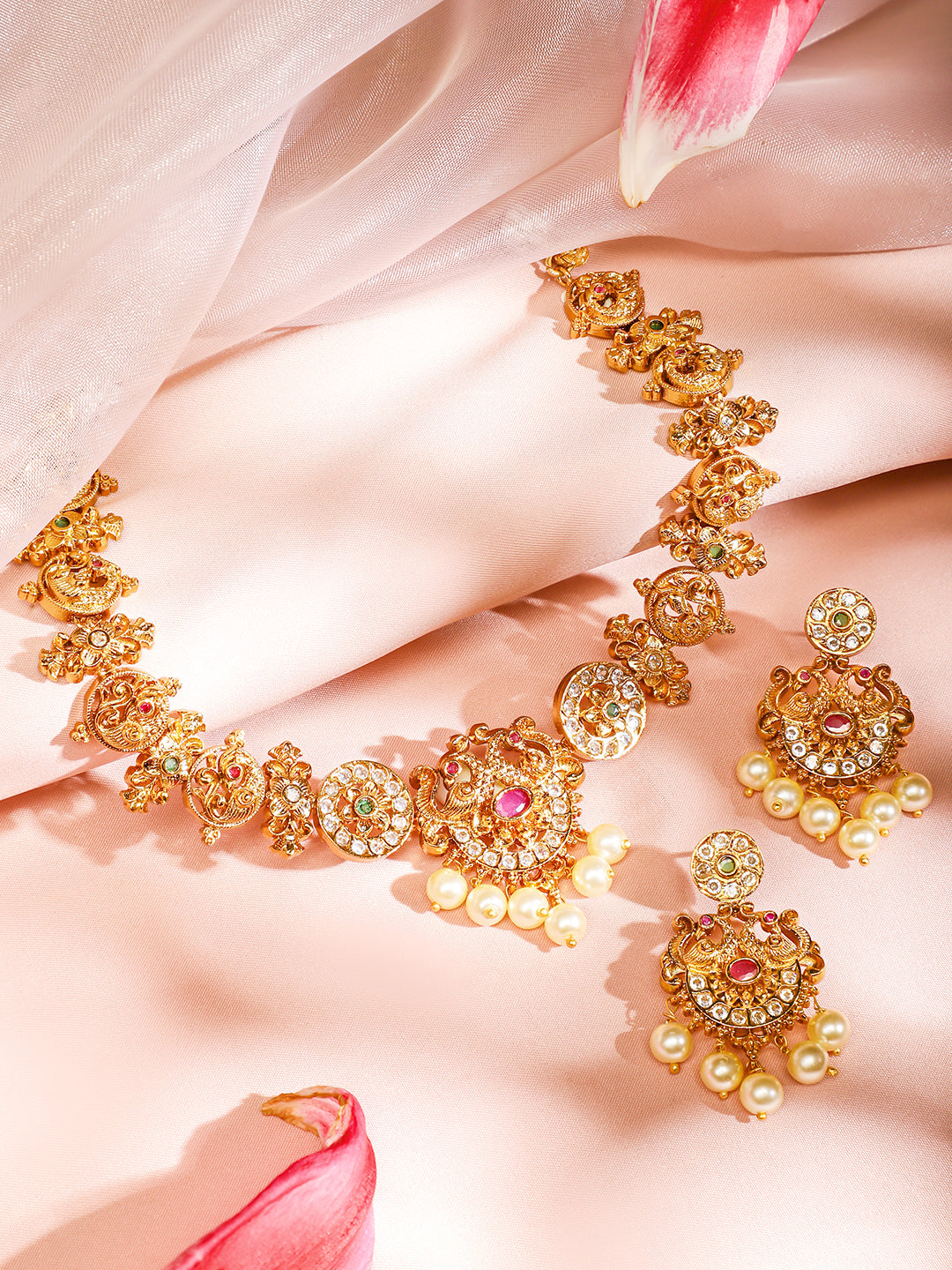 Gold Plated Green Pink Necklace Set フリーサイズ