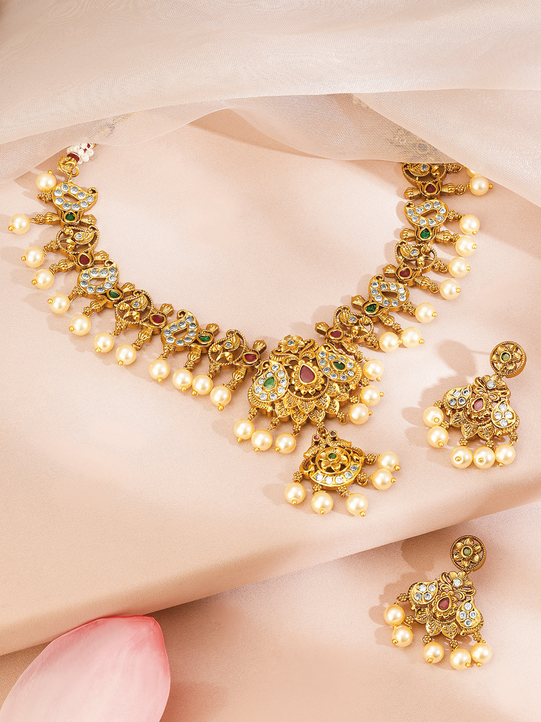 Multicolor Studded Gold Necklace Set With Pearl Drops フリーサイズ