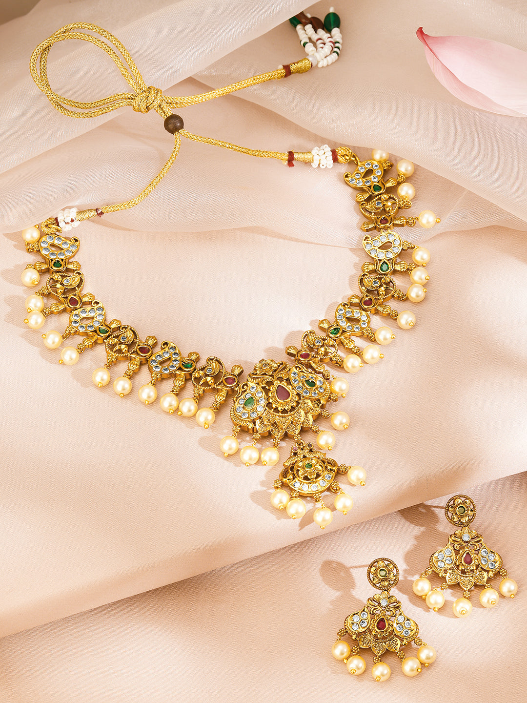 Multicolor Studded Gold Necklace Set With Pearl Drops フリーサイズ
