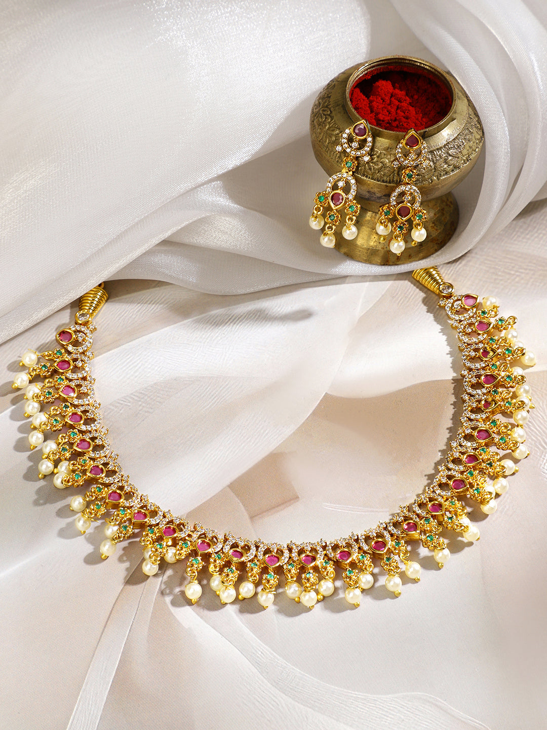 Multicolor Studded American Diamond Zirconia Pearl Necklace Set Gold