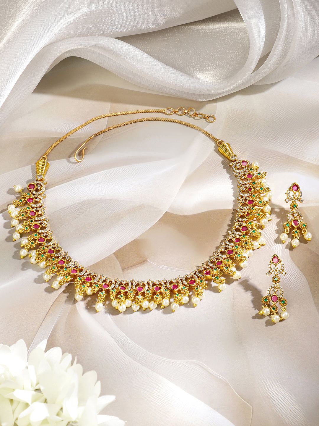 Multicolor Studded American Diamond Zirconia Pearl Necklace Set Gold
