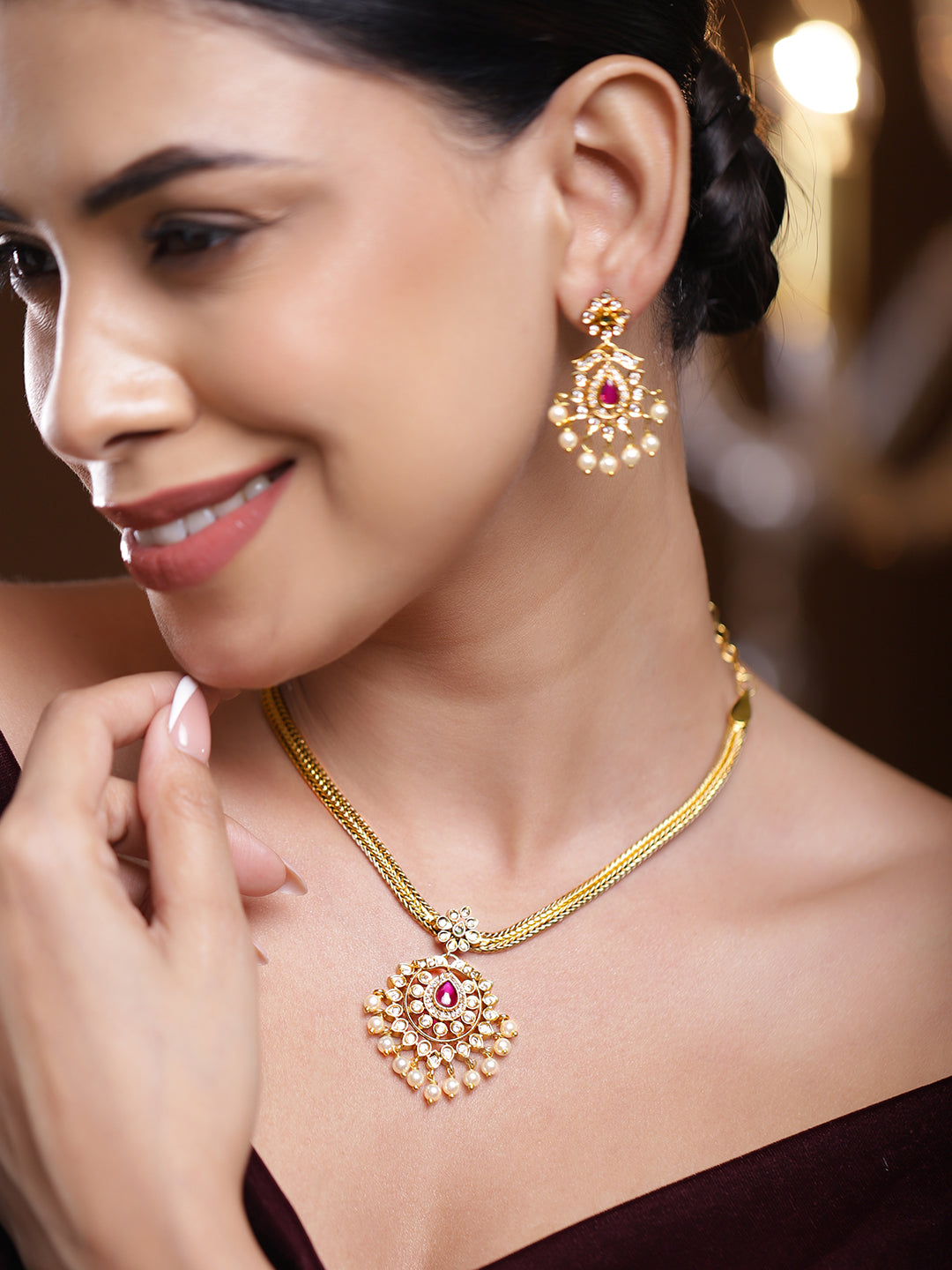 American Diamond Zirconia Necklace Set With Pearl Drops フリーサイズ