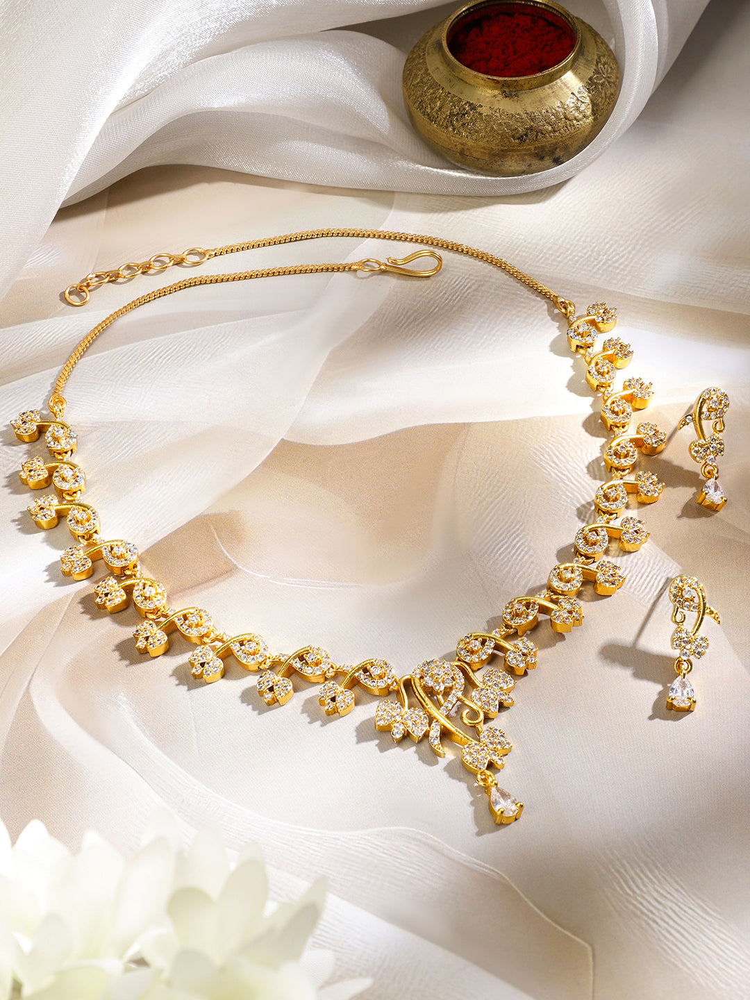 White American Diamond Zirconia Gold Necklace Set フリーサイズ