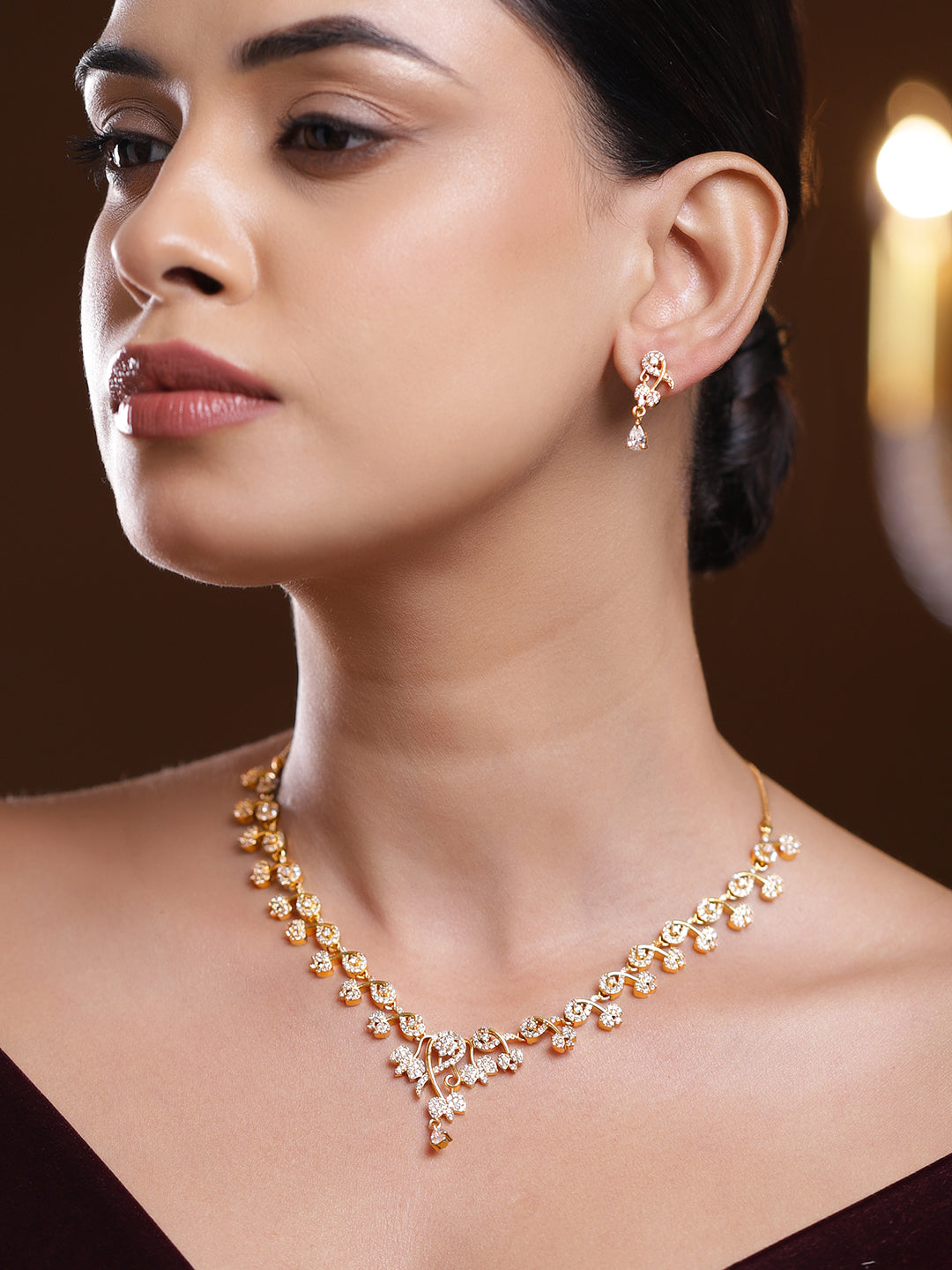 White American Diamond Zirconia Gold Necklace Set フリーサイズ