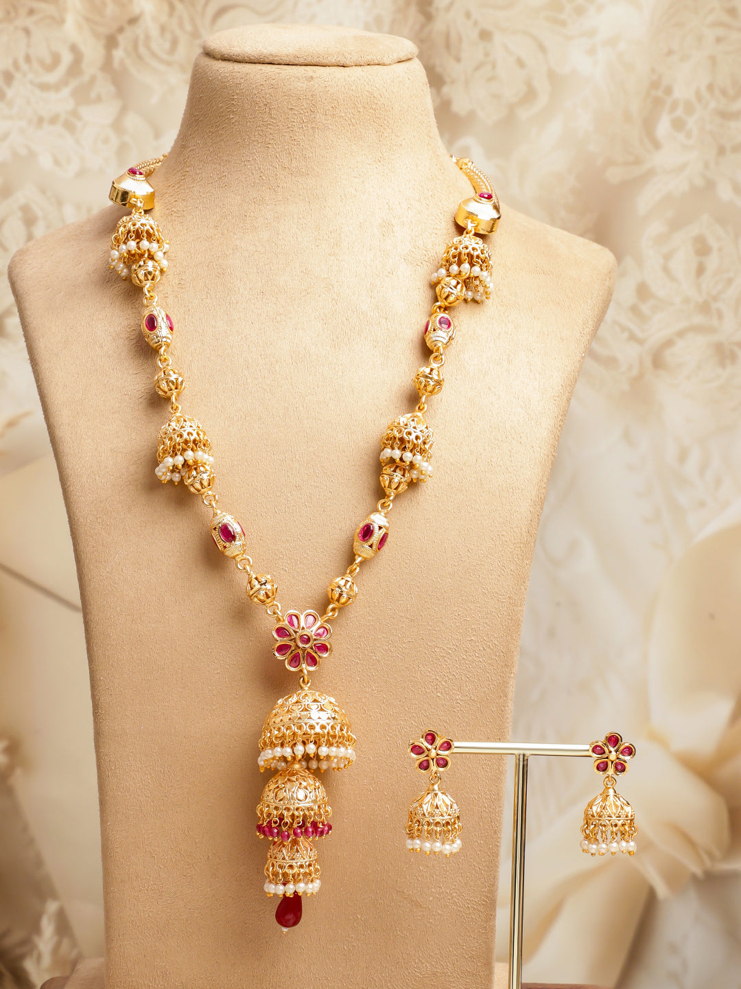 Long Golden Necklace Set With Pearl Drops フリーサイズ