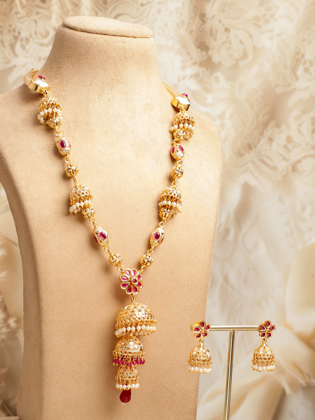 Long Golden Necklace Set With Pearl Drops フリーサイズ