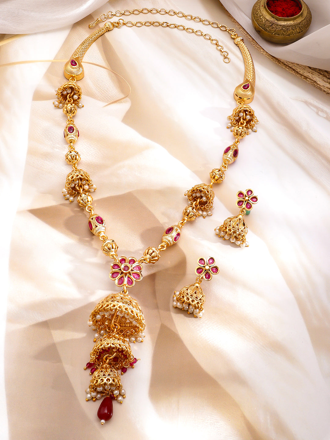 Long Golden Necklace Set With Pearl Drops フリーサイズ