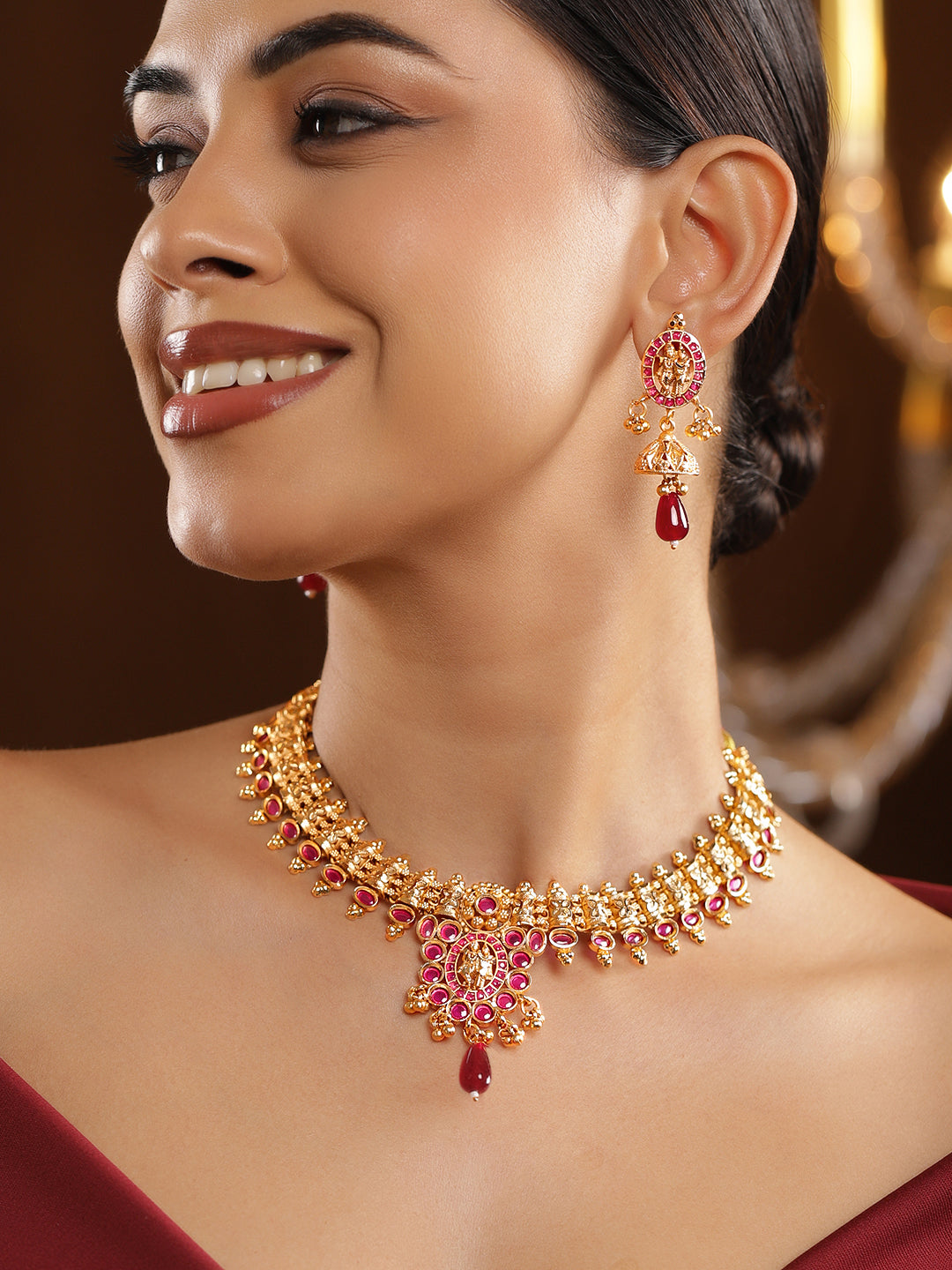 Ruby Studded Temple Necklace Set フリーサイズ