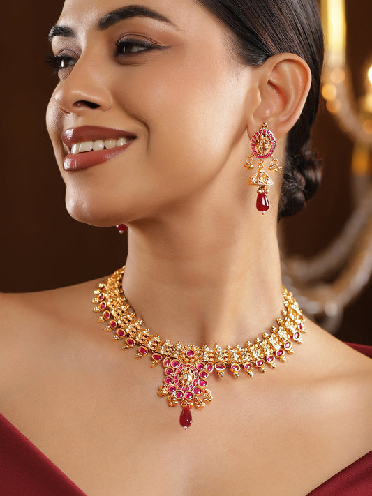 Ruby Studded Temple Necklace Set フリーサイズ