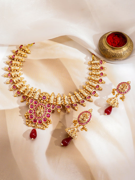 Ruby Studded Temple Necklace Set フリーサイズ