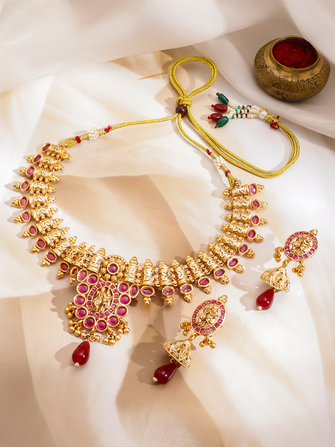 Ruby Studded Temple Necklace Set フリーサイズ