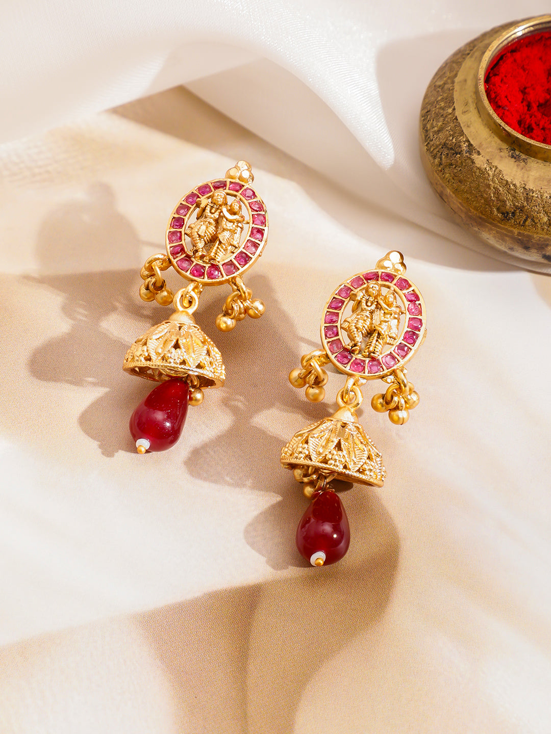 Ruby Studded Temple Necklace Set フリーサイズ