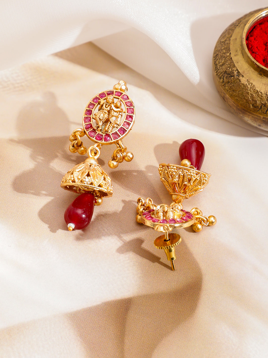 Ruby Studded Temple Necklace Set フリーサイズ