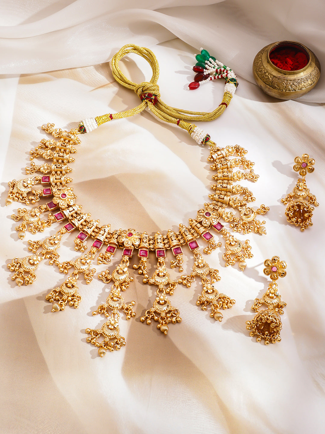 Ruby Studded Gold Beads Layered Necklace Set フリーサイズ