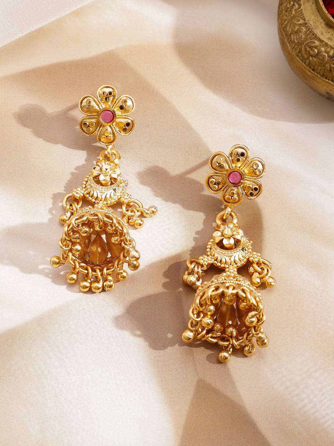 Ruby Studded Gold Beads Layered Necklace Set フリーサイズ