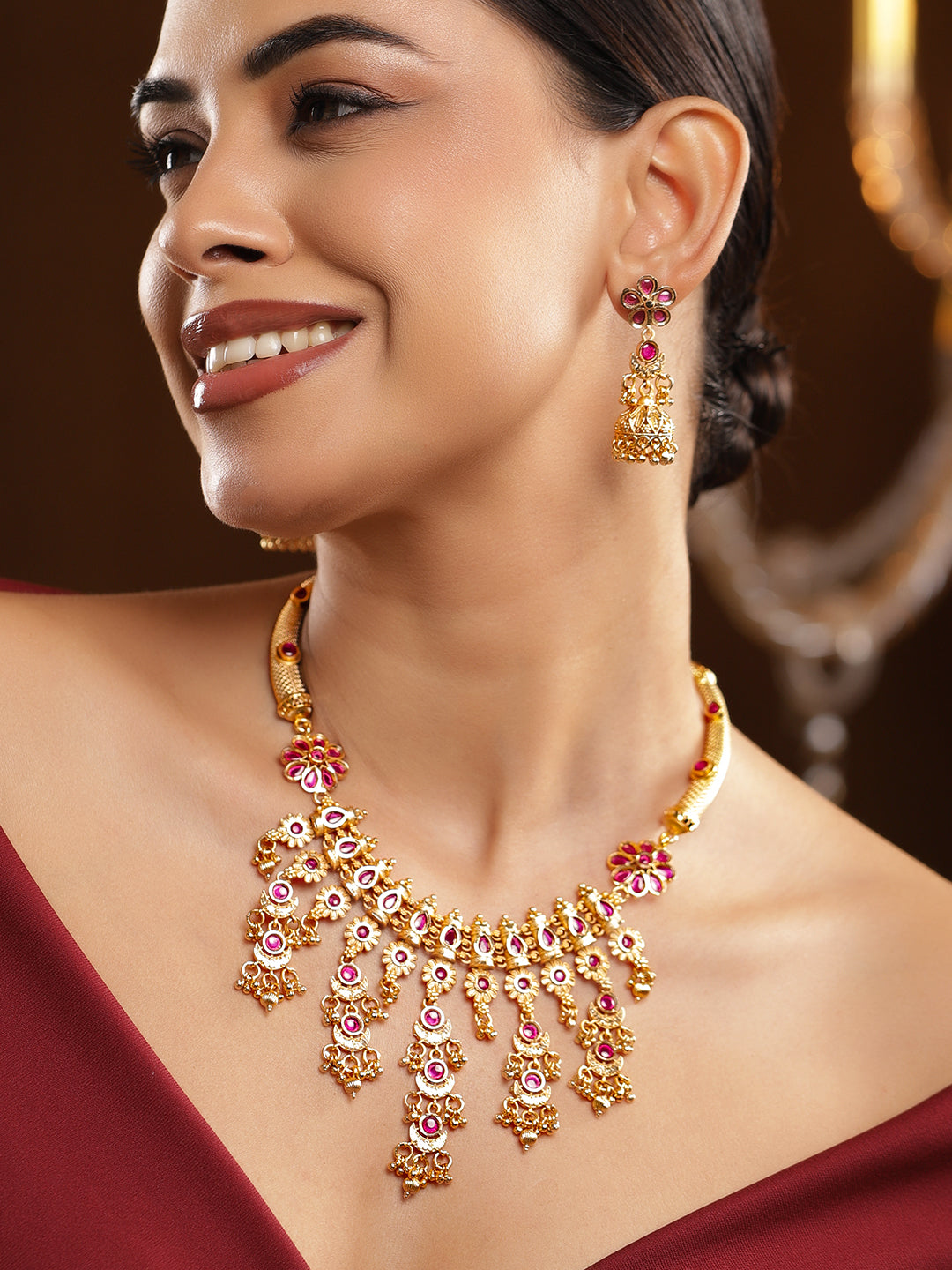 Pink Studded Floral Gold Necklace Set フリーサイズ