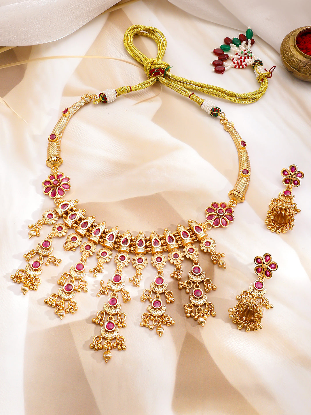 Pink Studded Floral Gold Necklace Set フリーサイズ