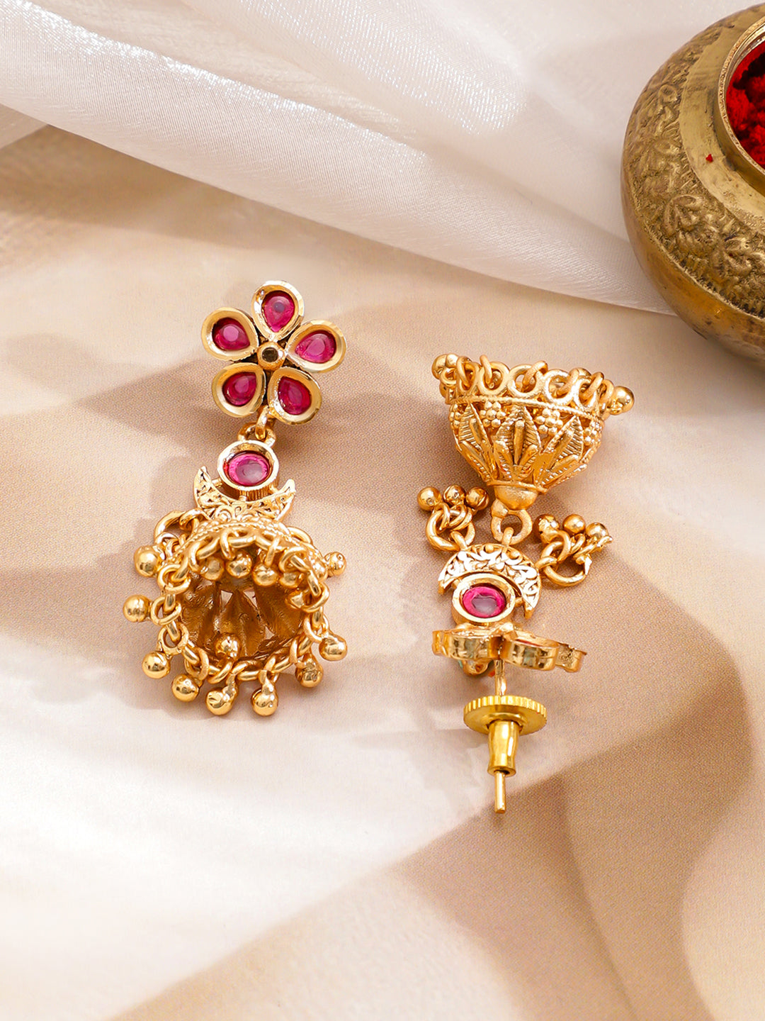 Pink Studded Floral Gold Necklace Set フリーサイズ