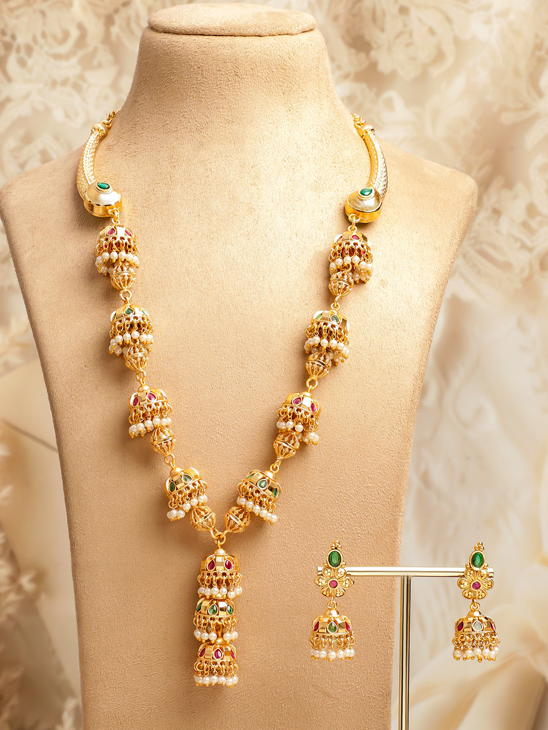 Green & Red Pearl Drop Golden Necklace Set フリーサイズ