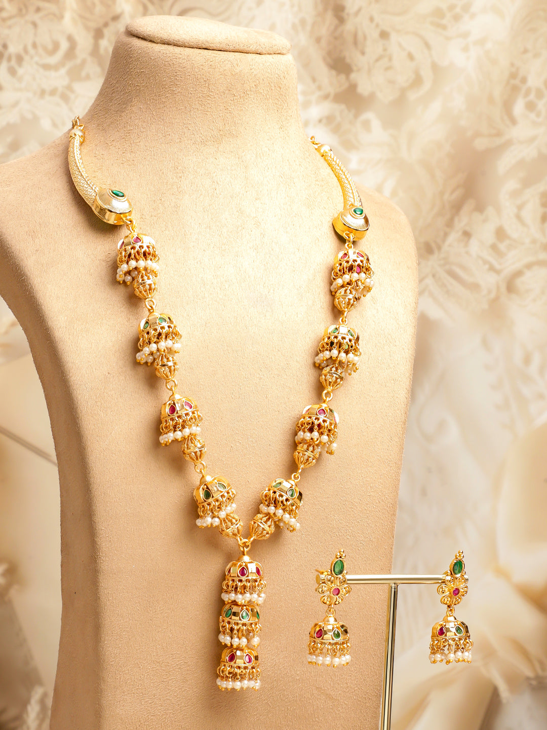 Green & Red Pearl Drop Golden Necklace Set フリーサイズ
