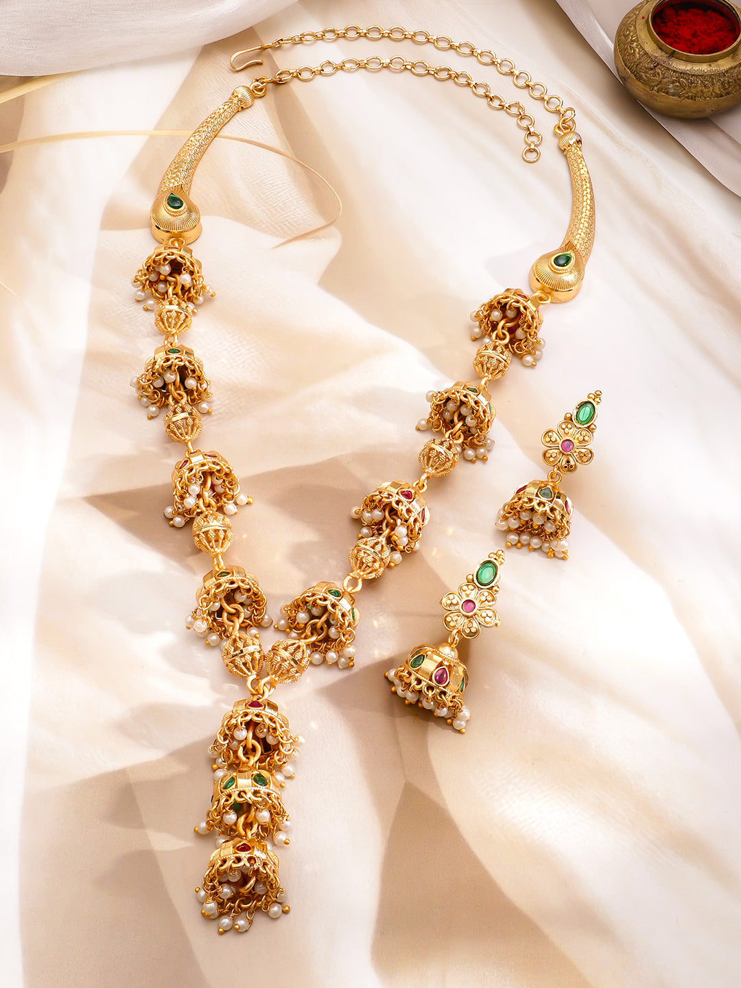 Green & Red Pearl Drop Golden Necklace Set フリーサイズ