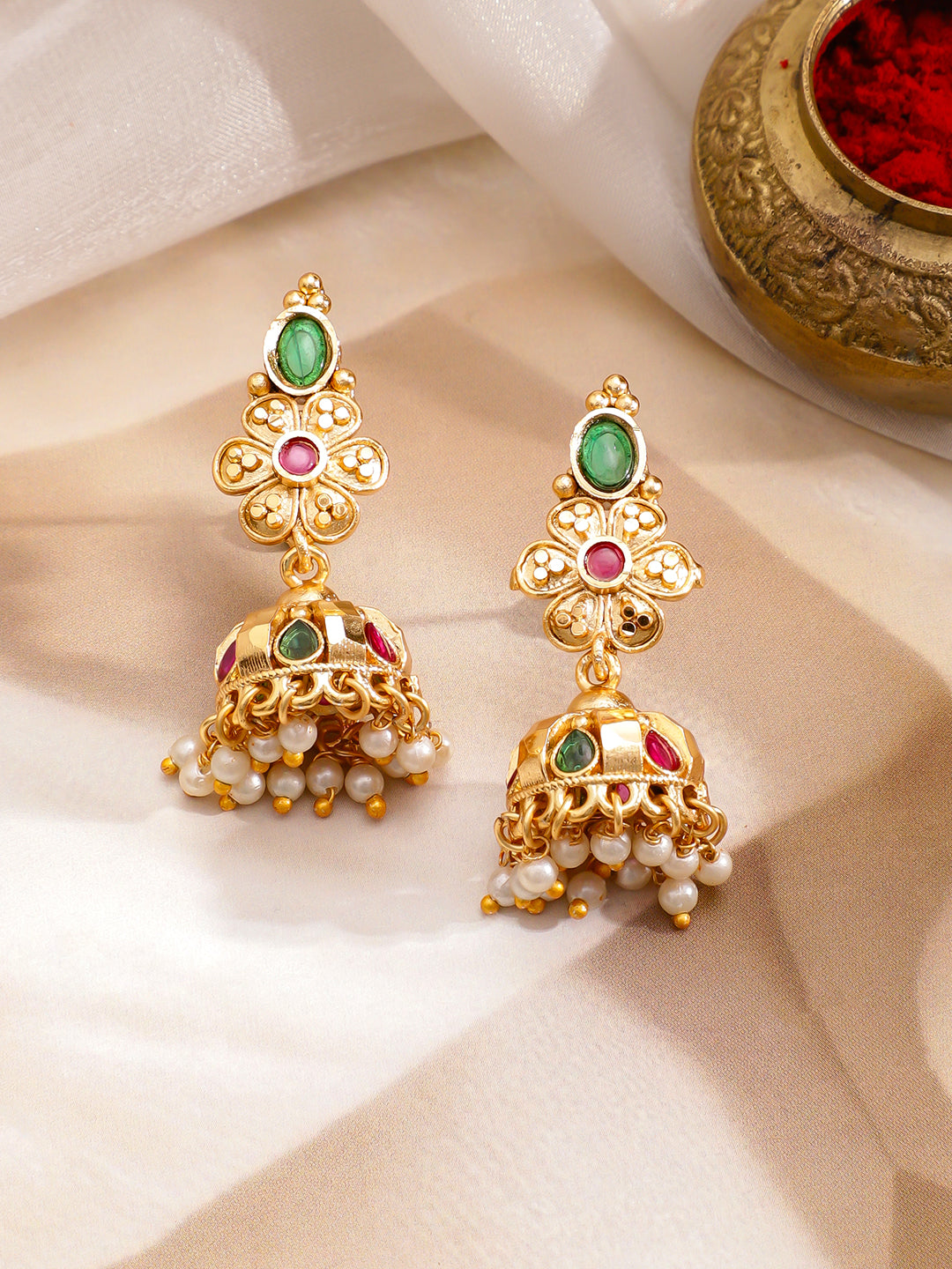 Green & Red Pearl Drop Golden Necklace Set フリーサイズ