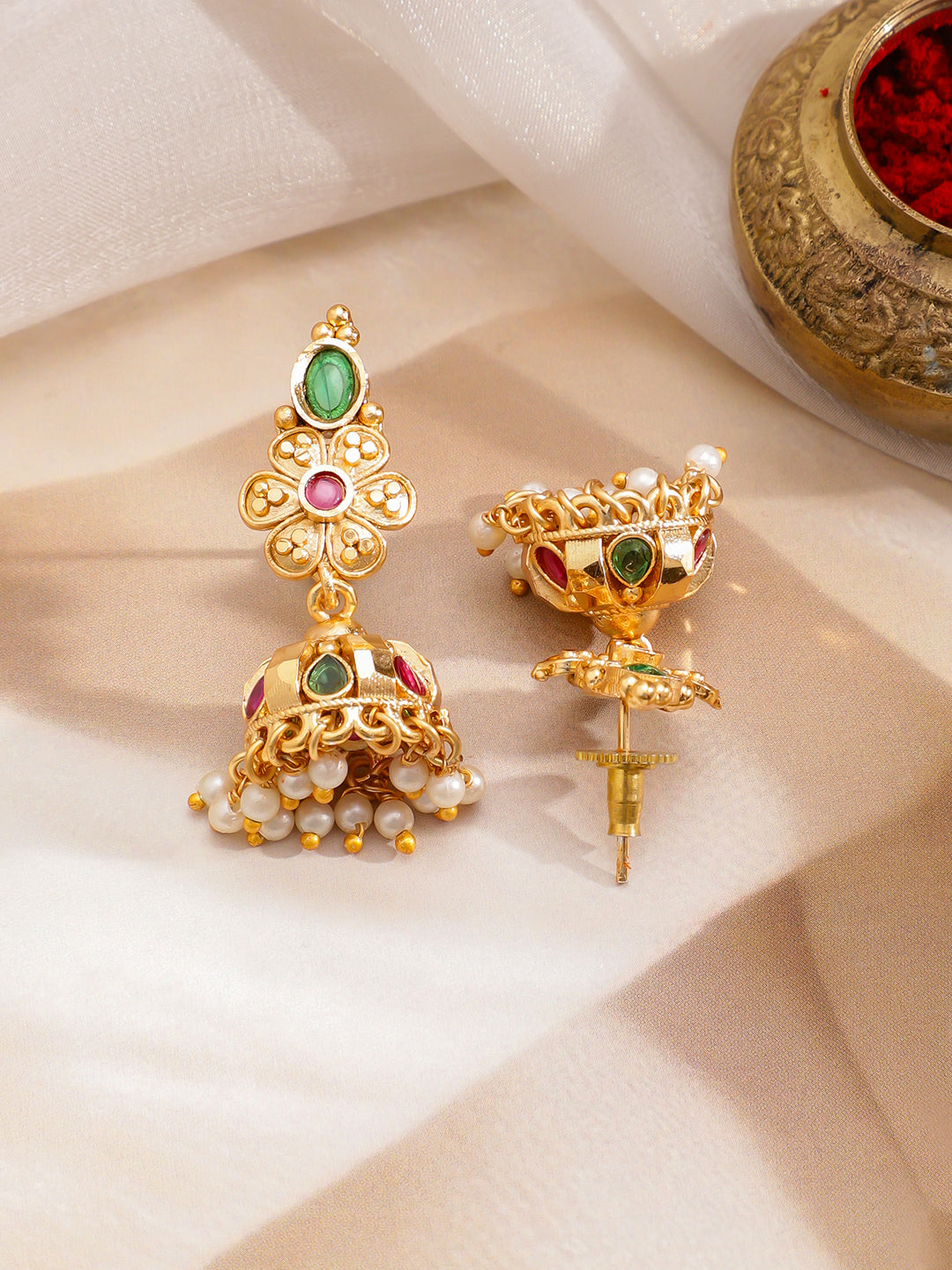 Green & Red Pearl Drop Golden Necklace Set フリーサイズ