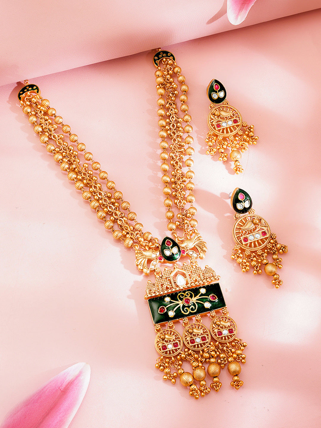 Golden Beaded Traditional Long Necklace Set フリーサイズ