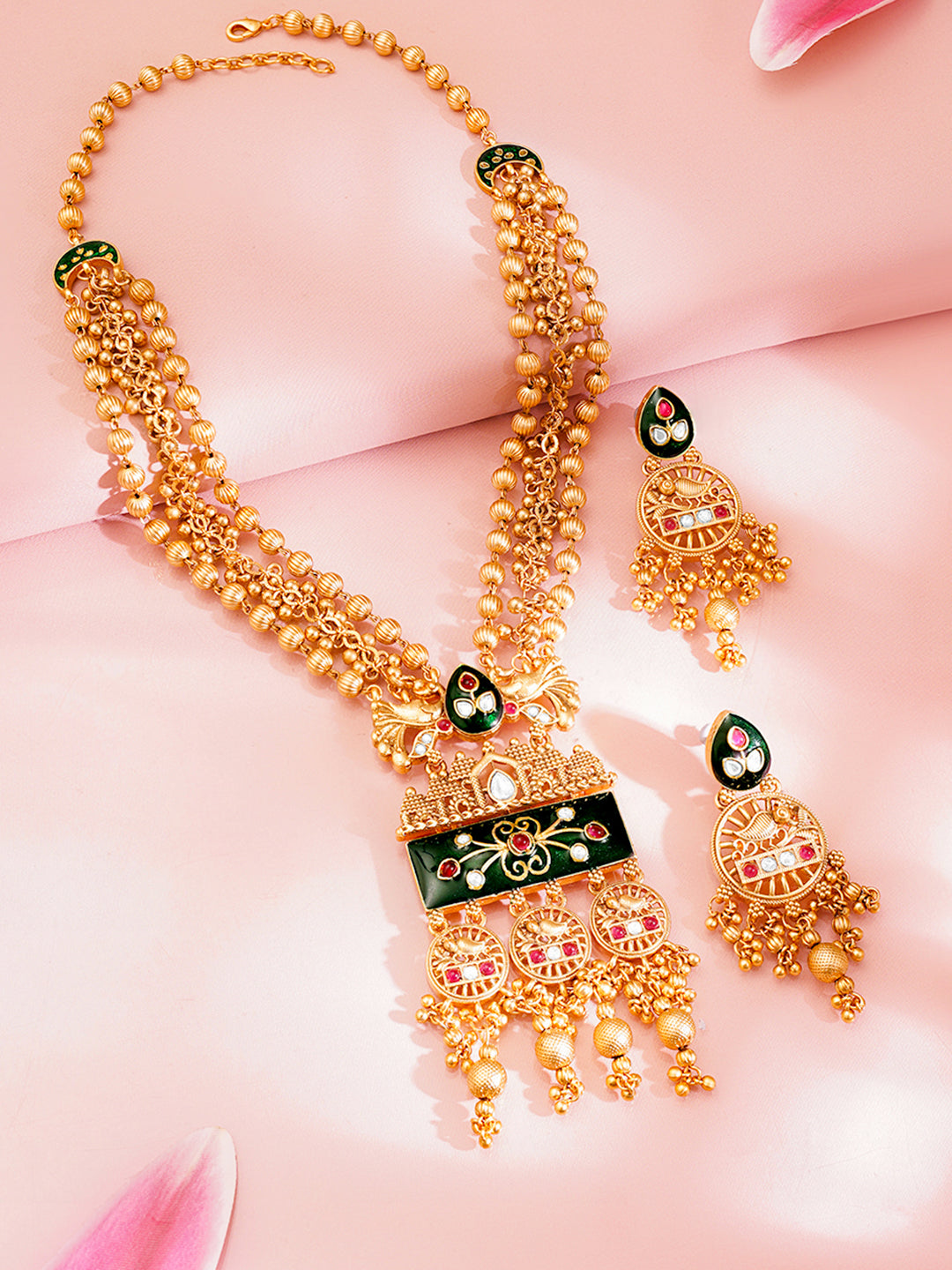 Golden Beaded Traditional Long Necklace Set フリーサイズ